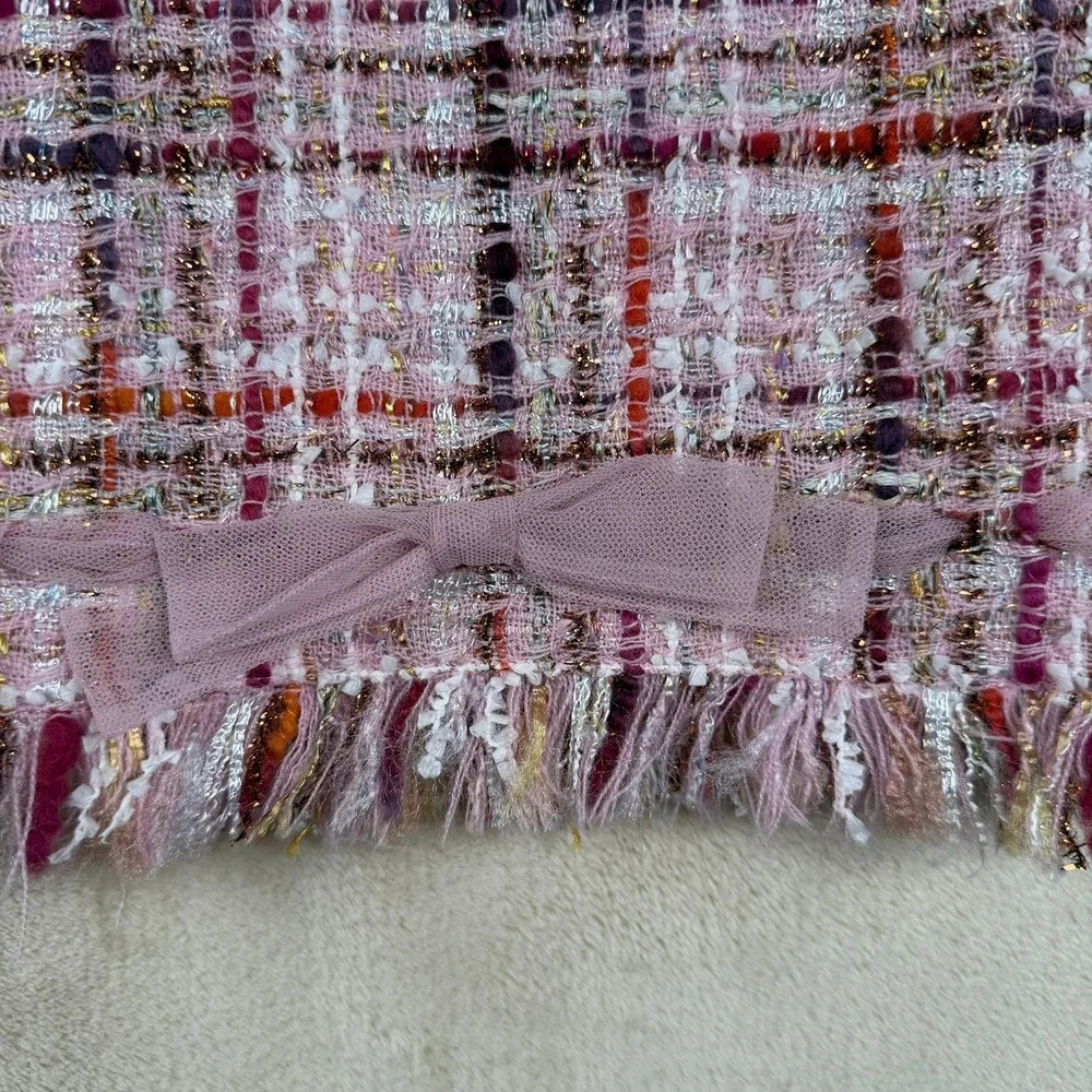 Rickie‎ Freeman Teri Jon Pink Tweed Wool Blend Plaid Fringe Bow Pencil Skirt 10